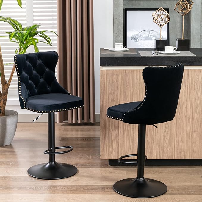 KEIKI Swivel Velvet Barstools，Upholstered Chairs Set of 2, Adjusatble Seat Height from 25-33 Inch for Home Pub, Kitchen Island, Black
