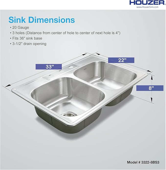 Houzer Glowtone Stainless Steel Kitchen Bar & Prep Sink - 33 Inch Drop-In Topmount 3-Hole 50/50 Double Bowl Sink, Durable & Versatile, Nested 36-Pack - 3322-8BS3-36