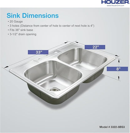 Houzer Glowtone Stainless Steel Kitchen Bar & Prep Sink - 33 Inch Drop-In Topmount 3-Hole 50/50 Double Bowl Sink, Durable & Versatile, Nested 36-Pack - 3322-8BS3-36