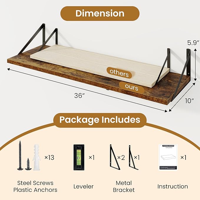 Acovy Deep Floating Shelves for Wall,36" Wx10 D Wood Wall Shelves with Metal Brackets,Hanging Storage Floating Shelf for Living Room,Bedroom,Bathroom,Office,Kitchen,Rustic Brown