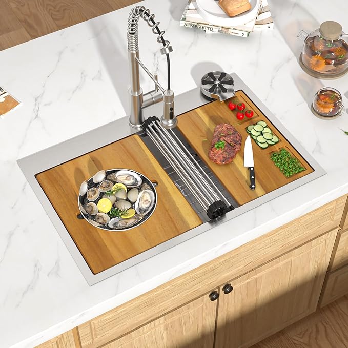 36x22 Inch Drop In Kitchen Sink - Workstation 16 Gauge 304 Stainless Steel Single Bowl Large Three-Holes Sink with Cup Washer, Mixing Bowl, Cutting Board, and Pasta Strainer #TLT-0045