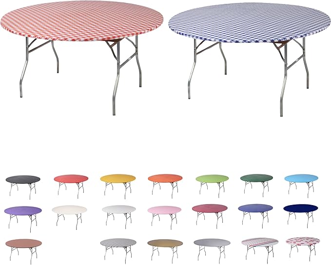 Kwik-Covers 10 Pack of Round Plastic Table Covers - 60" or 72" Round - Indoor or Outdoor Fitted Covers (Tables NOT Included) (Red Gingham & Blue Gingham, 60" Round)