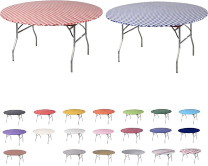 Kwik-Covers 10 Pack of Round Plastic Table Covers - 60" or 72" Round - Indoor or Outdoor Fitted Covers (Tables NOT Included) (Red Gingham & Blue Gingham, 60" Round)