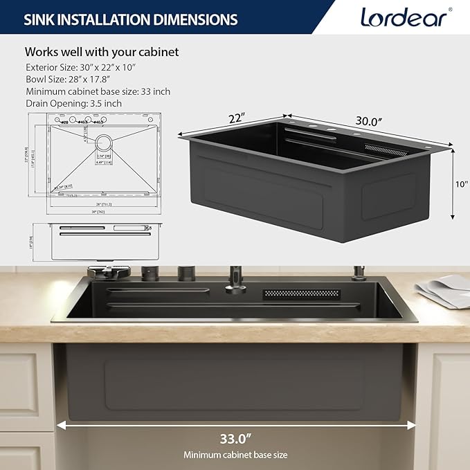 Lordear 30 Drop In Kitchen Sink with Faucet 30x22 Inch Black Waterfall Kitchen Sinks Topmount Stainless Steel 16 Gauge Single Bowl Workstation Kitchen Sink With Faucet Combo