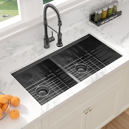 Sarlai 36 Inch Undermount Kitchen Sink Double Bowl Low Divided Large Workstation Gunmetal Black Sink Stainless Steel 16 Gauge 50/50 Sinks Double Basin