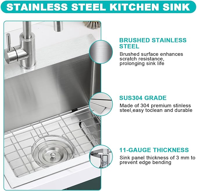 18x18 Inch Drop in Kitchen Sink, 304 Stainless Steel Single Bowl with Bottom Grid Mat & X-Shape Drain, 9” Deep Compact Sink for Small Kitchen, Apartment, RV, Wet Bar