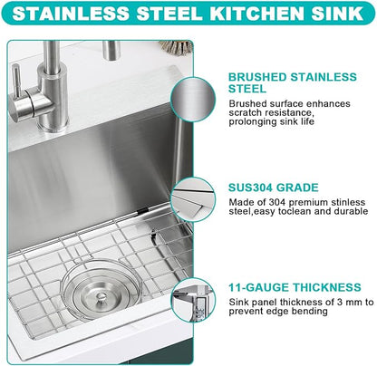 18x18 Inch Drop in Kitchen Sink, 304 Stainless Steel Single Bowl with Bottom Grid Mat & X-Shape Drain, 9” Deep Compact Sink for Small Kitchen, Apartment, RV, Wet Bar