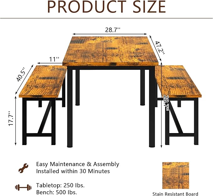 DKLGG Dining Table Set for 4, 47.2'' Kitchen Table with 2 Benches, 3 Piece Farmhouse Dining Room Table Set, Space-Saving Dinette for Kitchen, Dining Room, Apartment, Metal Frame & MDF Board