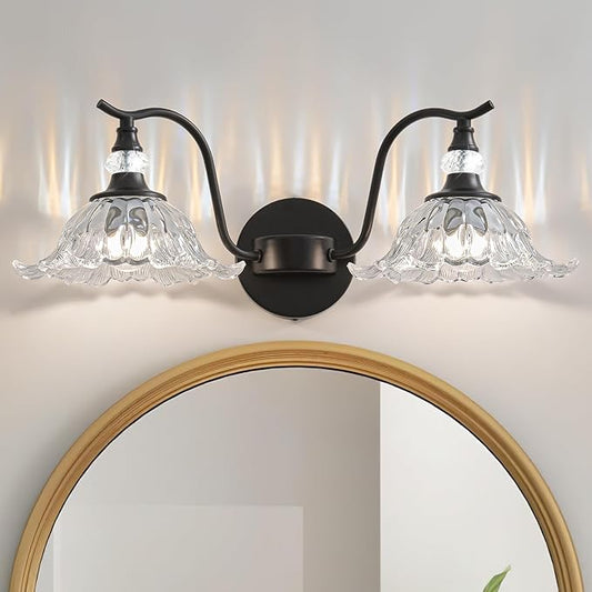 Vintage Bathroom Vanity Light Fixtures - 2 Light Antique Matte Black Bathroom Lights Fixture Over Mirror with Clear Flower Glass,Retro High End Wall-Mounted Vanity Lighting for Bath Powder Room