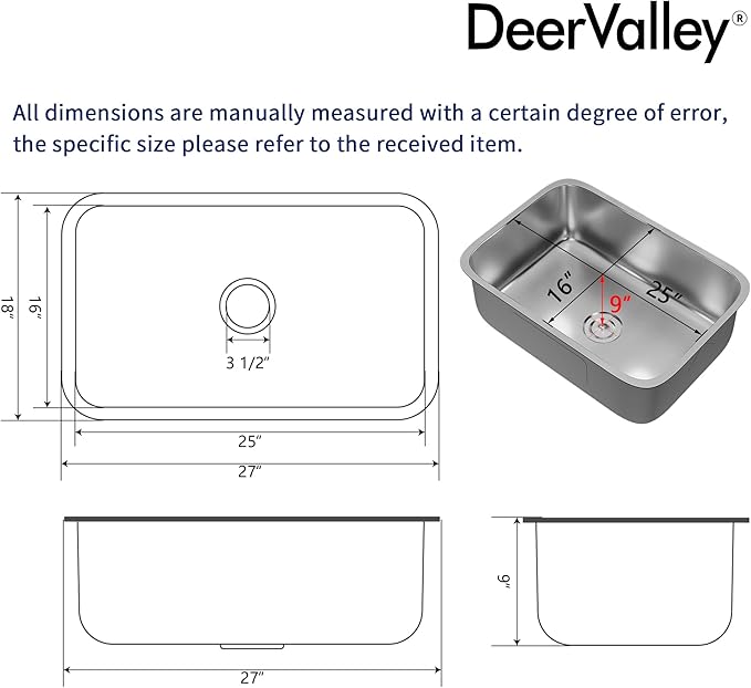 DeerValley 27 Inch Undermount Kitchen Sink 18 Gauge Stainless Steel Kitchen Sink Spacious Single Bowl Sinks with Basket Strainer Curved Shape Round Corner Deep Sinks for Modern Kitchens