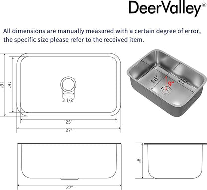 DeerValley 27 Inch Undermount Kitchen Sink 18 Gauge Stainless Steel Kitchen Sink Spacious Single Bowl Sinks with Basket Strainer Curved Shape Round Corner Deep Sinks for Modern Kitchens