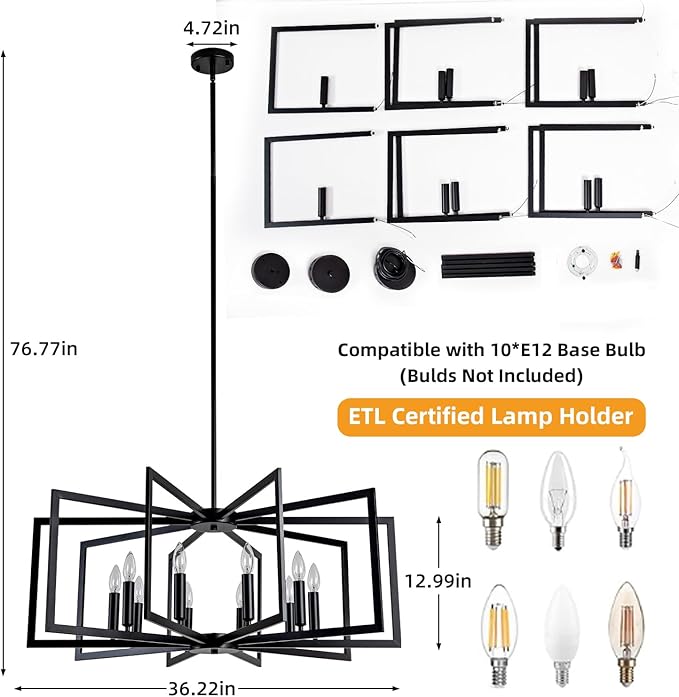 Black Chandelier for Dining Room,10-Light Kitchen Chandelier Light Fixture Modern Farmhouse Geometric Metal Hanging Industrial Chandeliers for Entryway Kitchen Island Foyer Lighting Fixtures