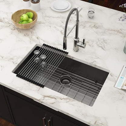 Black Undermount Kitchen Sink 33 Inch - Couoko Gunmetal Black 16 Gauge T304 Stainless Steel Single Bowl Undermount Sinks NANO PVD Large Deep Handmade Round Corner Sinks Basin 33"x19"x9"