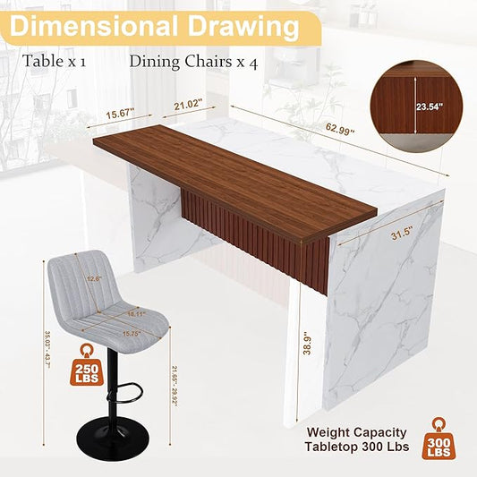 63" Modern Kitchen Island with Marble-Look Surface with 2/4 Bar Stools, Island Table with LED Lights, for Kitchen,Dining Room, Bar, Office, Living Room (White+4Grey)