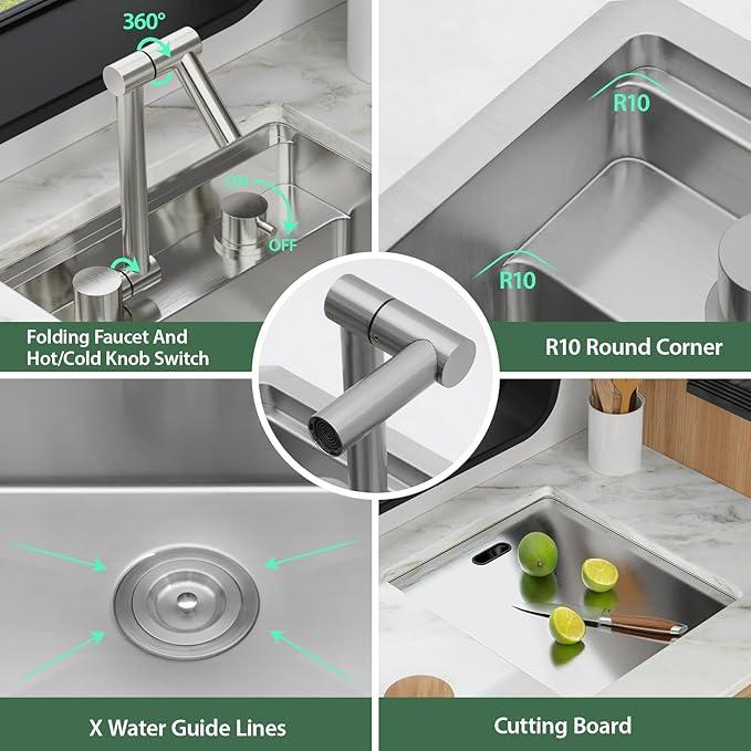 15 x 17 Inch Outdoor Sink Undermount RV Sink Workstation 16 Gauge Stainless Steel Single Bowl Handmade Outdoor Kitchen Sinks With Folding Faucet 15"x17"x9"