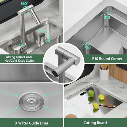 15 x 17 Inch Outdoor Sink Undermount RV Sink Workstation 16 Gauge Stainless Steel Single Bowl Handmade Outdoor Kitchen Sinks With Folding Faucet 15"x17"x9"