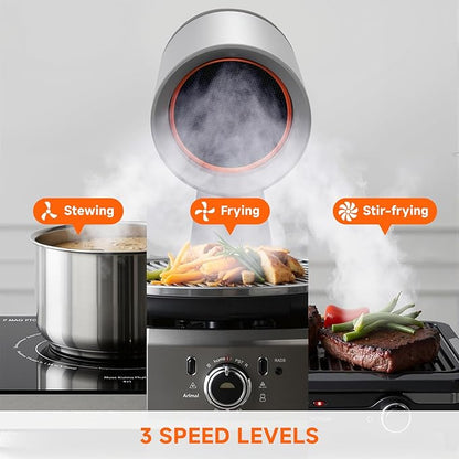 Portable Range Hood 3-Speed Suction Desktop Compact Range Hood with 2 Activated Carbon High-Absorption Cotton Replace Filter Low Noise Kitchen Exhaust Fan (Sliver)