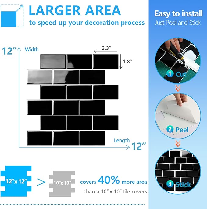 STICKGOO Subway Tiles Peel and Stick Backsplash, Stick on Tiles Kitchen Backsplash in Black (Sample, Thicker Design), 12" x 12"