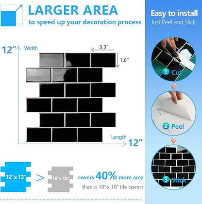 STICKGOO 5-Sheet Subway Tiles Self Adhesive Kitchen Splashbacks, Peel and Stick Wall Tile Stickers, Stick on Tiles Splashback (Black, Thicker Design)