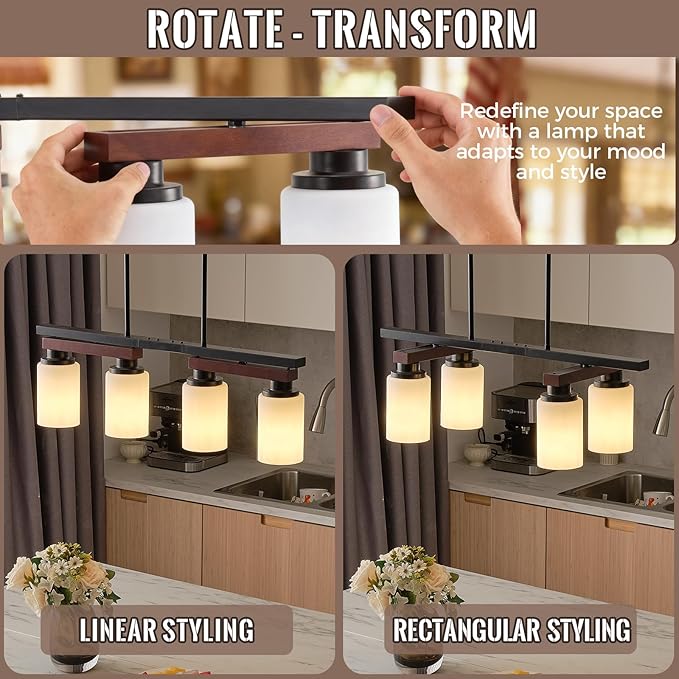 4-Light Kitchen Island Lighting & Farmhouse Dining Room Light Fixtures Over Table, Rustic Wood Linear Chandelier Adjustable Ceiling Hanging Pendant - Rotating Design, Customizable Shapes, Milk Glass