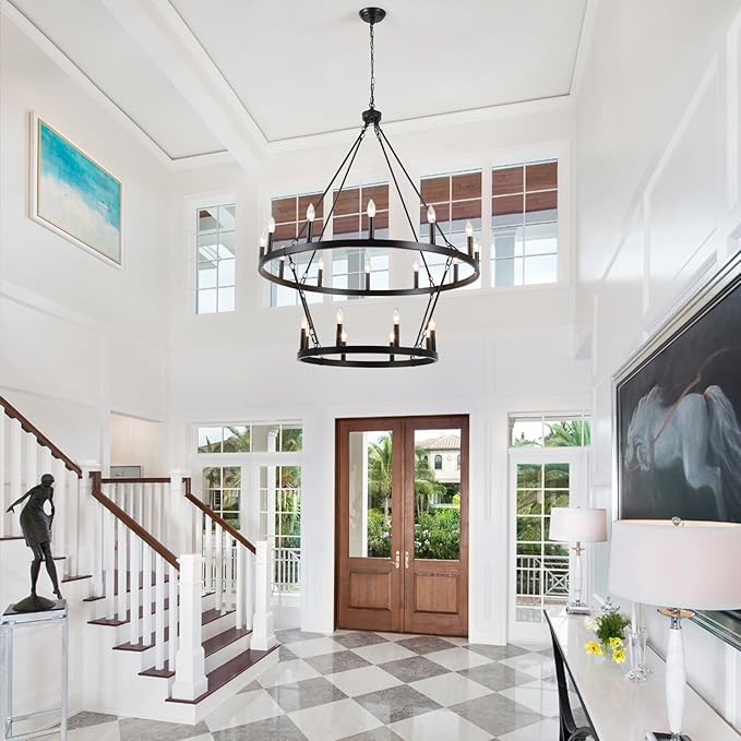 Black Wagon Wheel Chandelier 2 Tier 20-Lights 40 Inch Extra Large Farmhouse Light Fixture Rustic Lighting Round Chandeliers for Dining Room Kitchen Island Foyer Entryway