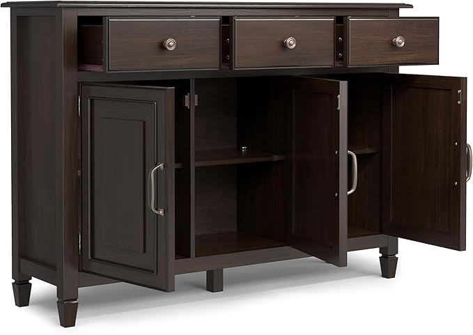 SIMPLIHOME Connaught 51-inch Wide Solid Wood Storage Cabinet in Chestnut Brown for the Entryway, Mudroom, 3 Drawers and Adjustable Shelves, Traditional Style, Space-Saving Design