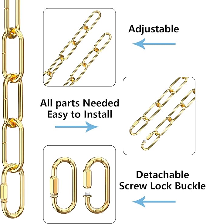 garini 6 Feet Gold Light Fixture Chain 6 Feet, Adjustable Metal Pendant Chandelier Chain Extension with Detachable Link, Maximum Load is 66 Pounds, 1 Pcs