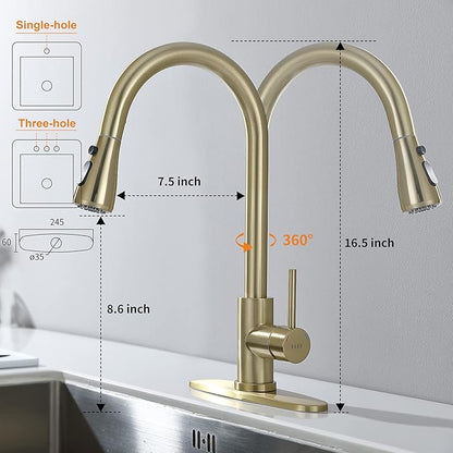 Keer Gold Single Handle Pull Down Kitchen Faucet with Soap Dispenser, 3 Modes Sprayer, Easy Assembly, Single Handle High Arc Stainless Steel Faucet