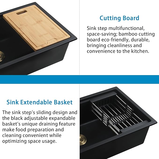 Black Undermount Kitchen Sink 32 Inch - Drop In Granite Quartz Composite Workstation Sink - Deep Single Bowl,Dual Mount,with Accessories (Black, 32" x 18")