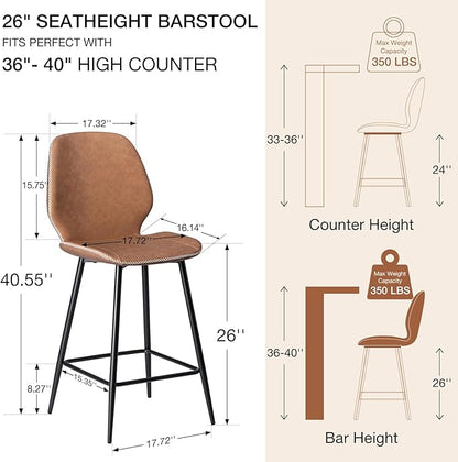 HOMMPA Counter Height Bar Stools Set of 3 Faux Leather 26'' Countertop Stool Chairs with Metal Legs Ergonomic Back Barstools for Kitchen Island Home Brown