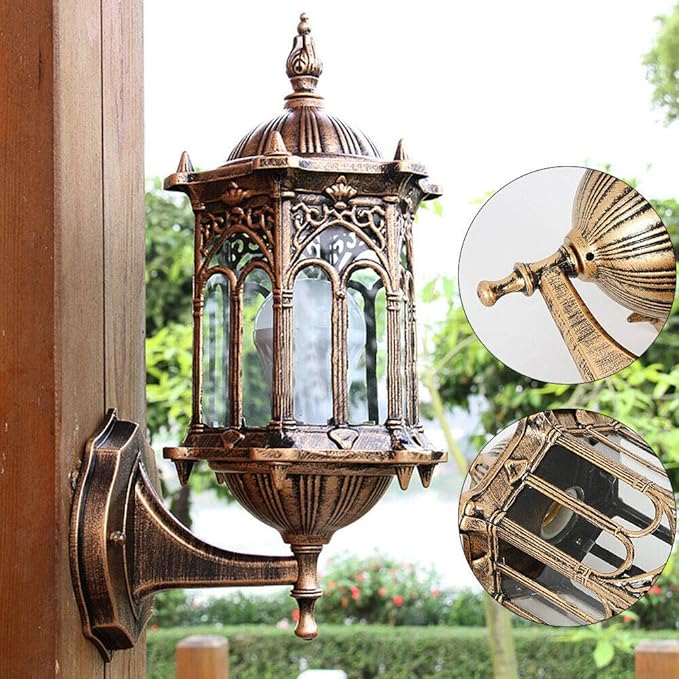 FIKNEE E27 Vintage Retro Wall Lamp Exterior Wall Mount Light Fixture, Antique Brass Lanterns Glass Sconce for Indoor Outdoor Garden Porch Walkway Sconce(6.1 * 13.19”)