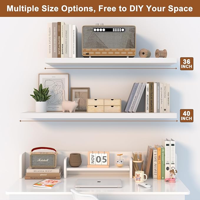 12 Inch Deep Floating Shelves, 30" W x 12" D Wood Floating Shelves for Wall, Large Storage Space Wall Mount Shelf with Invisible Brackets for Living Room Kitchen Bathroom, 1 Pack, White