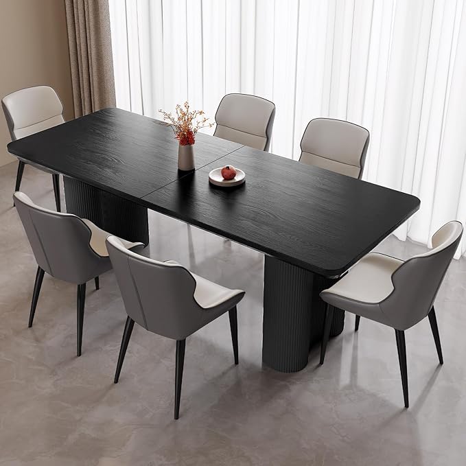 Miuuod 79" Extra Large Kitchen & Dining Table Set,Dining Room Table Set for Big Family, 1 Console Desk with 6 Chairs,Centre Table with Upholstered PU Chairs,Home Furniture Rectangular Modern, Black