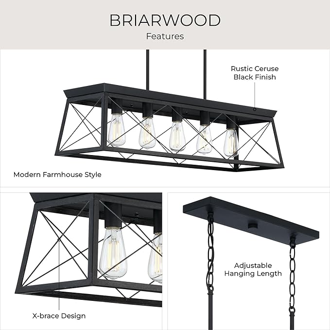 Progress Lighting Briarwood Collection 5-Light Dining Room Light Fixture, Farmhouse Style Modern Chandelier for Kitchen and Dining Room, 38" by 9", Black