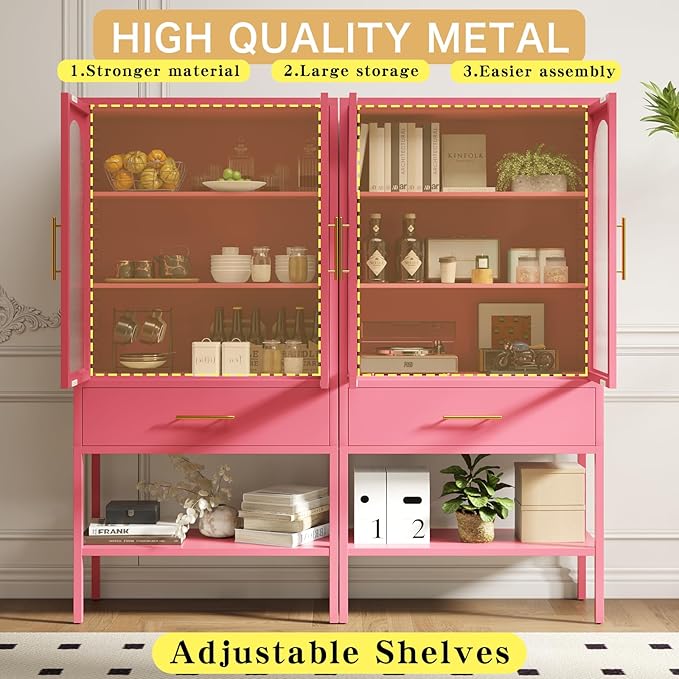 ALBAD 63 Inch Tall Metal Pantry/Display/Storage Cabinet with Fluted Glass Doors and Drawer & Adjustable Shelf for Modern Home Office Living Room Kitchen Pink