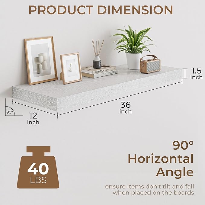 RICHFOCUS Deep Floating Shelves for Wall 2 Pack 12" D 36 Inch Wall Shelves for Room Wall|Wood Hanging Shelf with Invisible Brackets for Bathroom Bedroom Kitchen Laundry Room, White