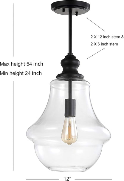 JONATHAN Y 12" Oil Rubbed Bronze 1-Light Iron and Glass Pendant Light, Adjustable Height Schoolhouse for Kitchen Island Foyer, Farmhouse Rustic Style, LED Bulb Included JYL9046B