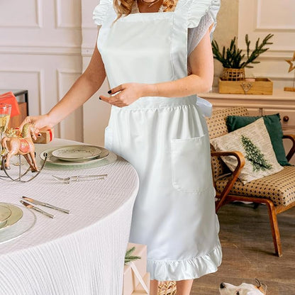 Cityelf Vintage White Apron Maid Pioneer Costume Victorian Style Cotton 50’s Ruffle Dress Apron with Long Ties and Pockets