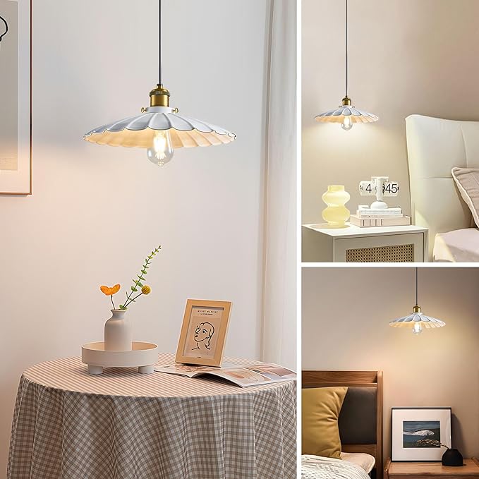 Pendant Light Fixture, White Farmhouse Vintage Pendant Light 15.7 Inch Lampshade with Adjustable Light Cord Kitchen Hanging Lights Retro Island Pendant Lights for Kitchen