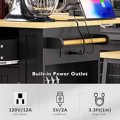 48 Inch Kitchen Island with 2 Bar Stools, Power Outlet & Storage - Rolling Kitchen Cart with Drop Leaf, Internal Door Racks, 5 Open Shelves, 2 Drawers, Black | All-in-One Mobile Workstation
