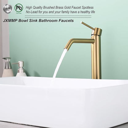 Brushed Brass Vessel Sink Faucet with Pop Up Drain and Supply Lines, Stainless Steel Brass Tall Bathroom Faucet Single Hole, JXMMP Gold Bathroom Faucet for Bowl Sink 1 Hole, JXM1001BTG