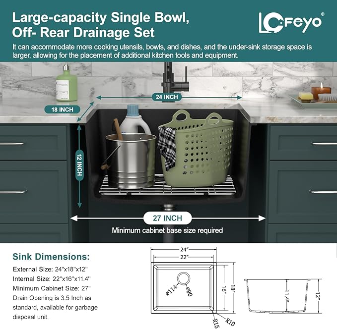 24x18 Inch Undermount Laundry Sink, Black Granite Composite Quartz Sink, 12 Inch Deep Single Bowl Utility Sink, Non-Porous, Scratch Resistant, Easy to Clean, Modern Sink for Laundry Room