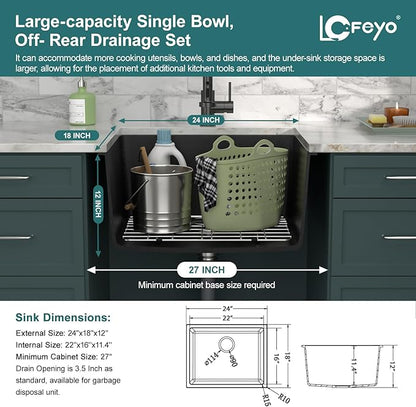 24x18 Inch Undermount Laundry Sink, Black Granite Composite Quartz Sink, 12 Inch Deep Single Bowl Utility Sink, Non-Porous, Scratch Resistant, Easy to Clean, Modern Sink for Laundry Room