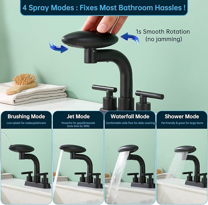 TUTEW Bathroom Sink Faucet 3 Hole Matte Black 4 Inch Centerset，4 Modes Waterfall Bathroom Faucet 2 Handle with 360° Swivel Spout & Pop Up Drain