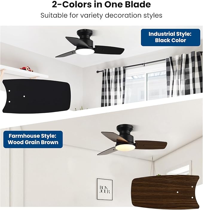 Conciseer 30 Inch Ceiling Fans with Lights and Remote, Bedroom Living Room Office, Flush Mount, 3CCT Dimmable, Dual Color 3 Blades, 6 Speed Reversible Quiet DC Motor, Black/Wood Grain, 2 Pack
