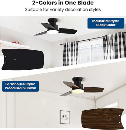 Conciseer 30 Inch Ceiling Fans with Lights and Remote, Bedroom Living Room Office, Flush Mount, 3CCT Dimmable, Dual Color 3 Blades, 6 Speed Reversible Quiet DC Motor, Black/Wood Grain, 2 Pack