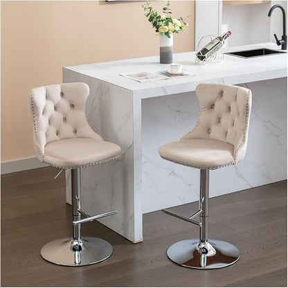 Swivel Velvet Barstools Adjusatble Seat Height from 25-33 Inch, Modern Upholstered Chrome Base Bar Stools with Backs Comfortable Tufted for Home Pub and Kitchen Island（Beige,Set of 2）