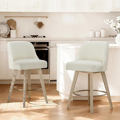 Counter Height Bar Stools Set of 4, Modern Swivel Barstools with Back and Wood Legs, Fabric Upholstered Bar Chairs, 26" Seat Height Counter Stools for Kitchen Island,Ivory