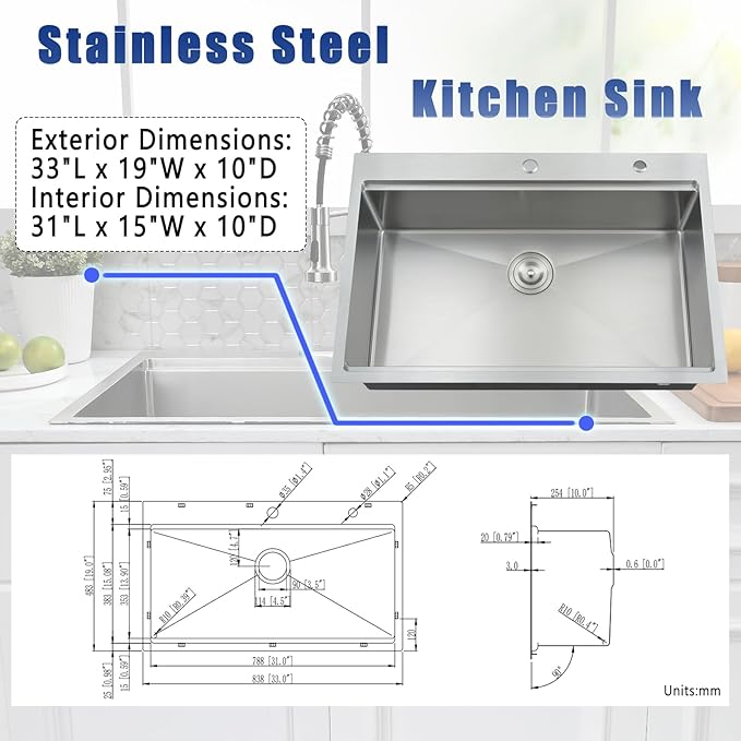 33x19 Drop In Kitchen Sink with Faucet Combo - 33 Inch Single Bowl Kitchen Sink Workstation, 10 Inch Deep Stainless Steel Topmount Sinks with Accessories
