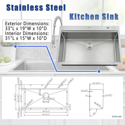 33x19 Drop In Kitchen Sink with Faucet Combo - 33 Inch Single Bowl Kitchen Sink Workstation, 10 Inch Deep Stainless Steel Topmount Sinks with Accessories